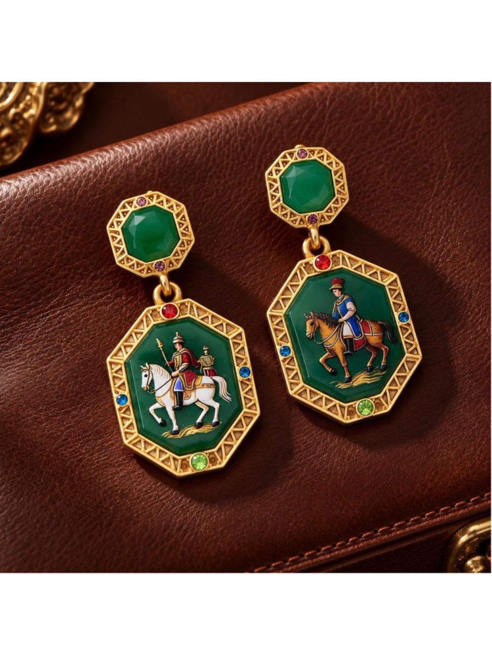 Antique VTG Equestrian Horse Rider Gold Earrings Medieval Court Museum Revival